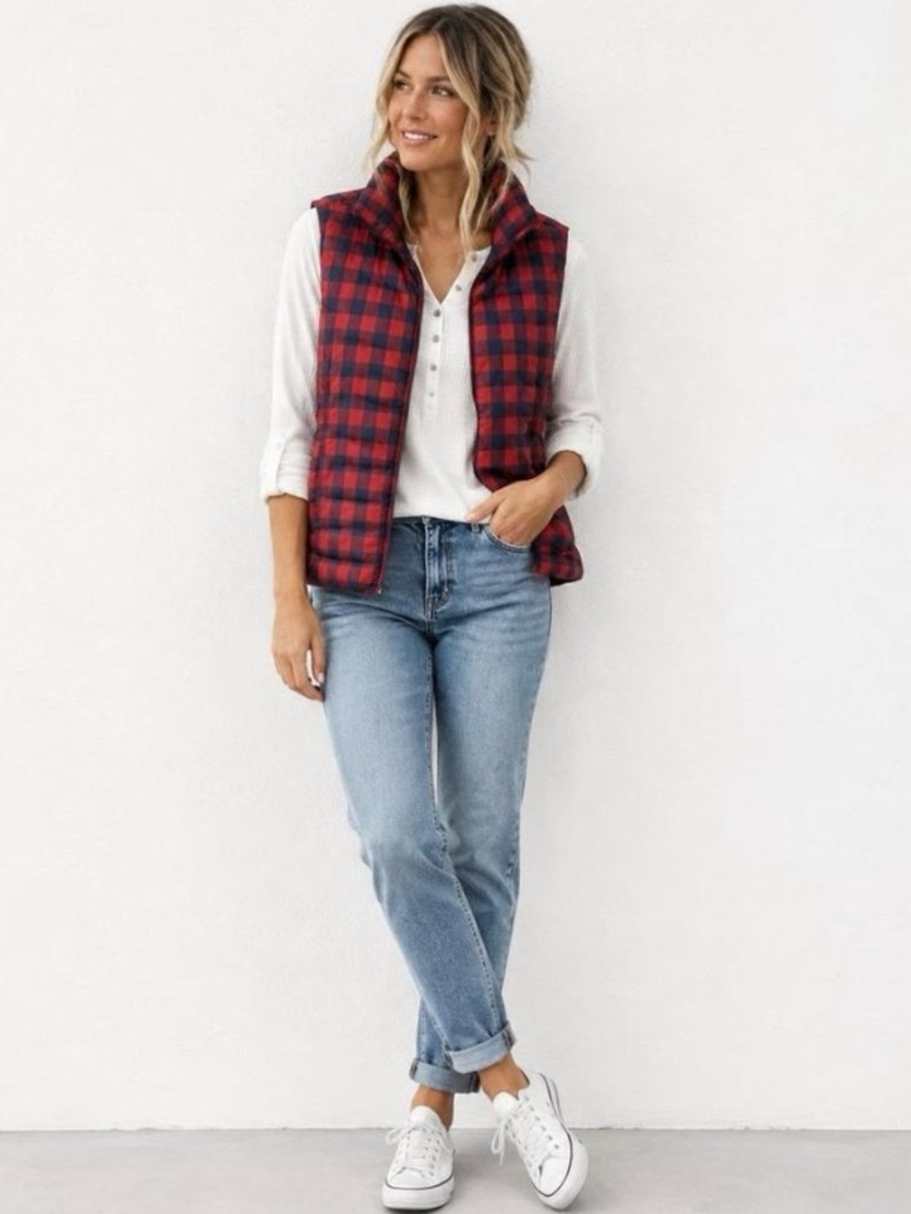 Lands' End Red and Black Plaid Quilted Vest